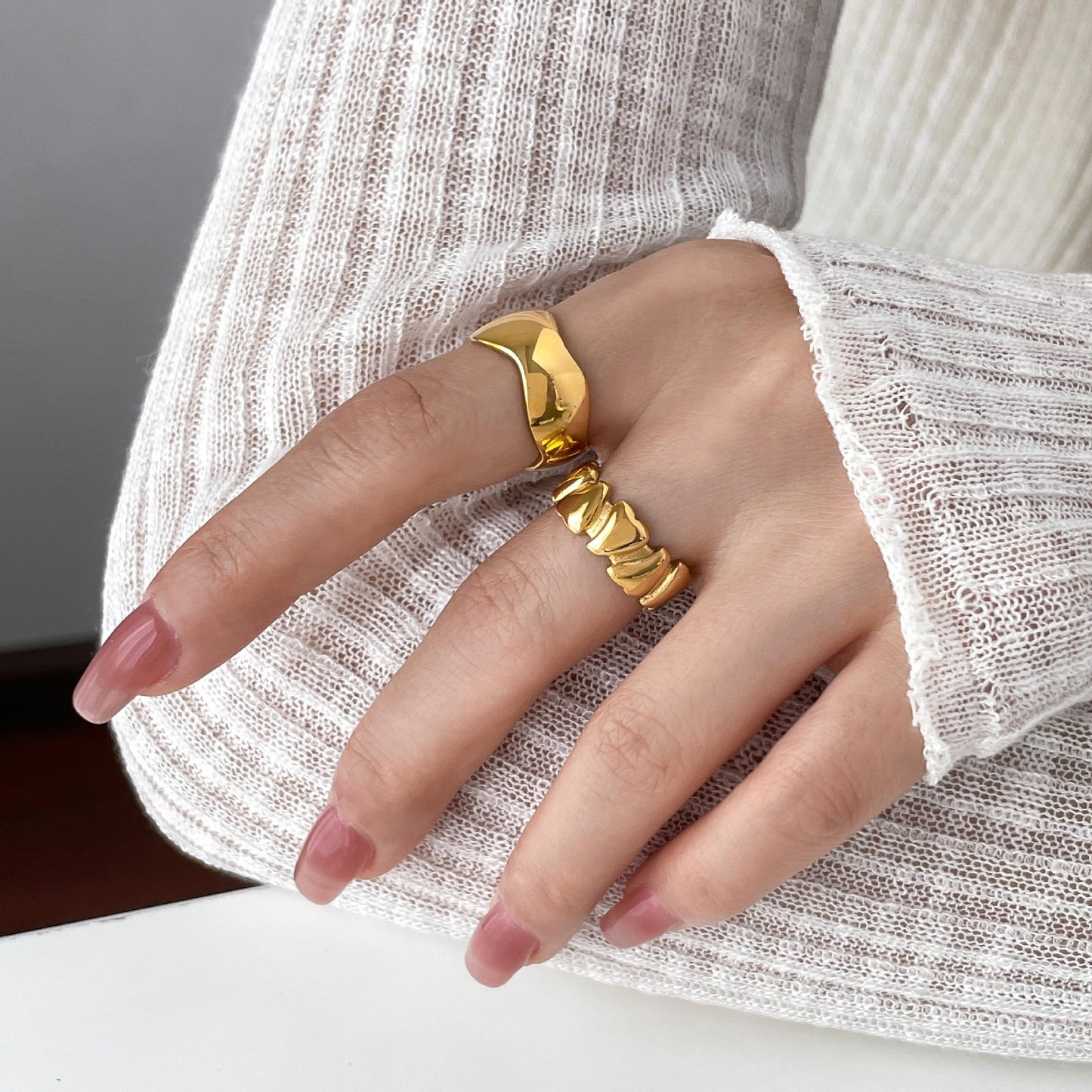 Bamboo Weave Openwork Ring, Wave Design, Titanium Steel, 18K Gold-Plated