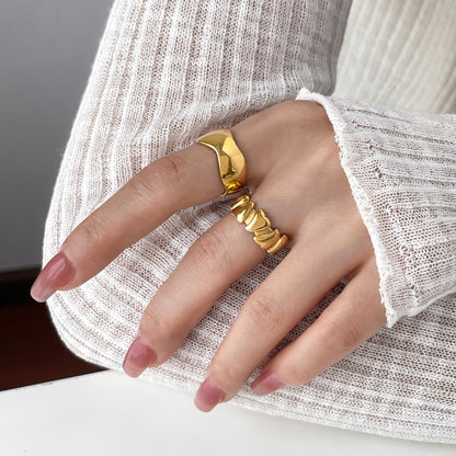 Bamboo Weave Openwork Ring, Wave Design, Titanium Steel, 18K Gold-Plated