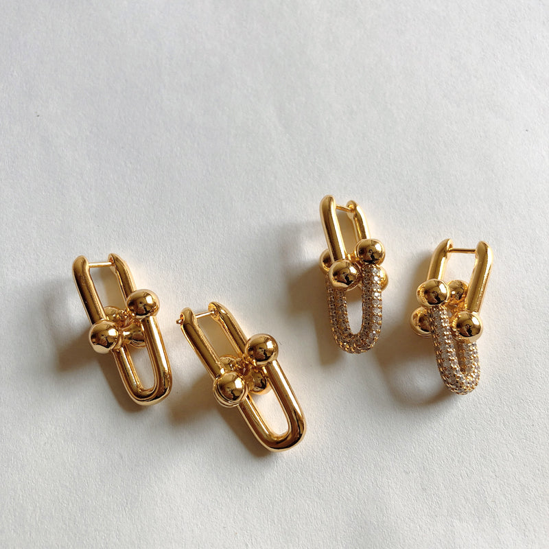 18K Gold-Plated Brass Earrings, Sparkling U-Shape Bamboo Chain, Clip-on Hoop