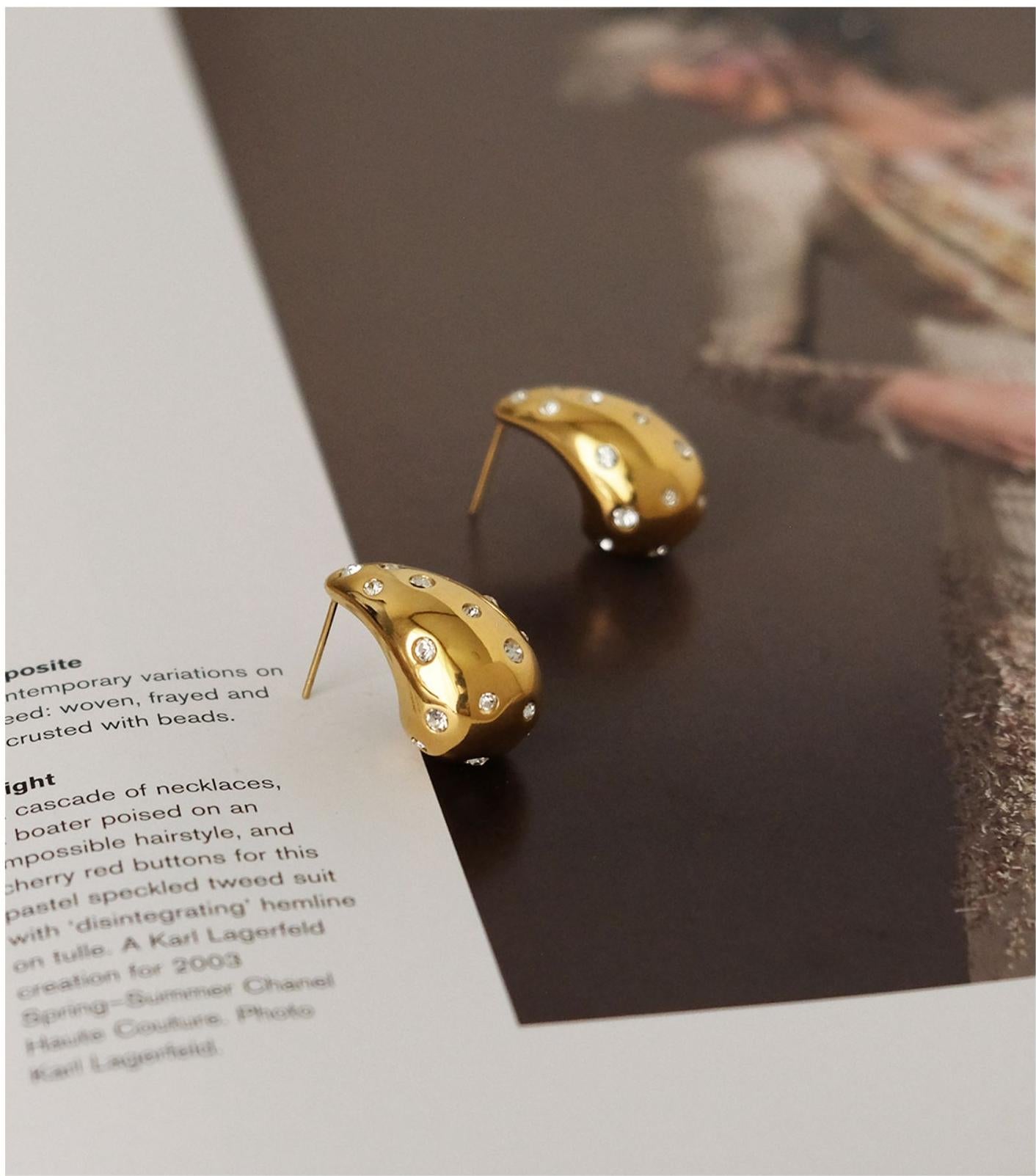 Unique Large Drop Dangle Earrings, Hand-Set Zirconia, 18K Gold-Plated 316L Stainless Steel