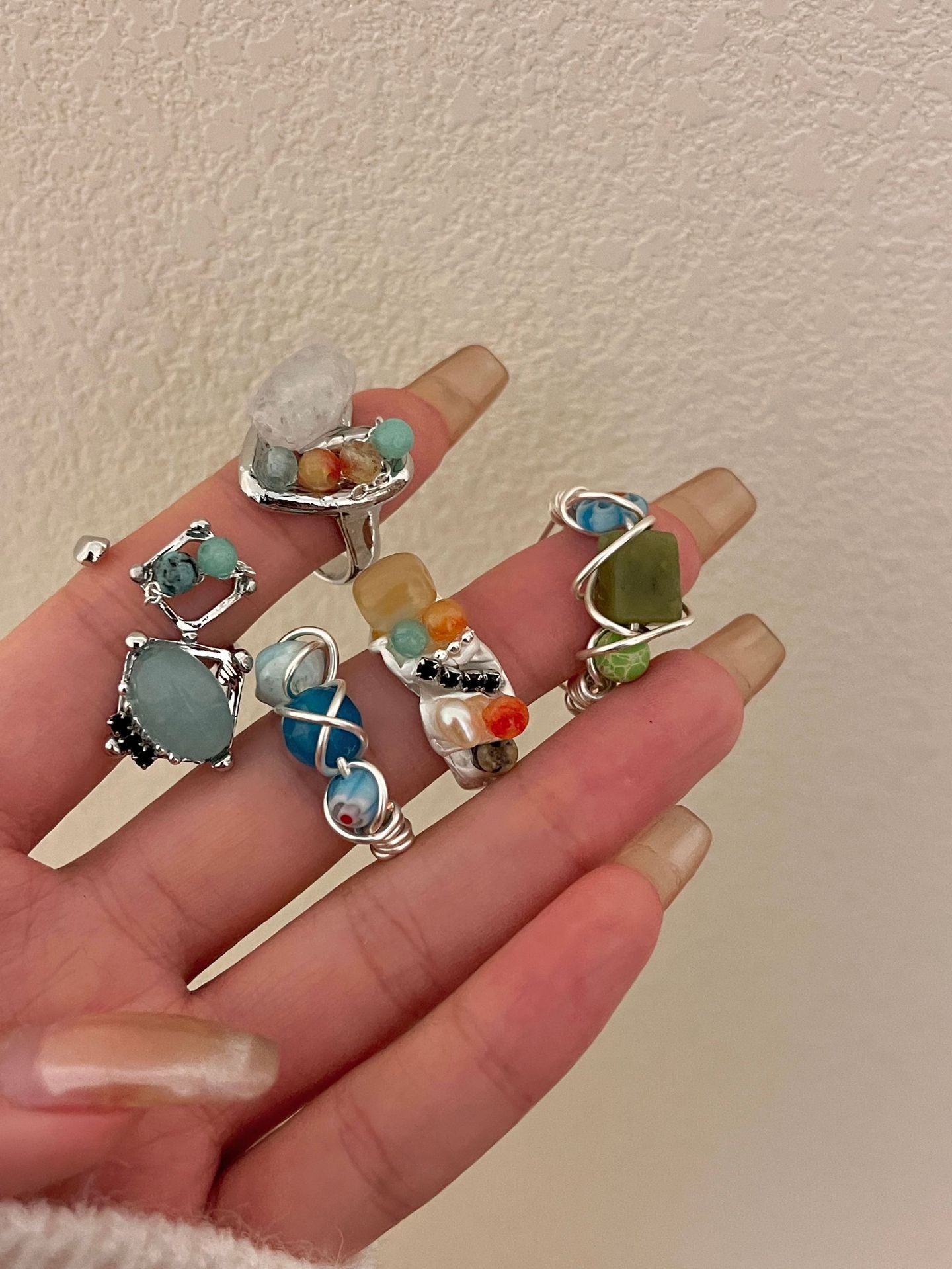 Handcrafted Beaded Natural Stone Open Stackable Rings, Women's Layered Boho Style