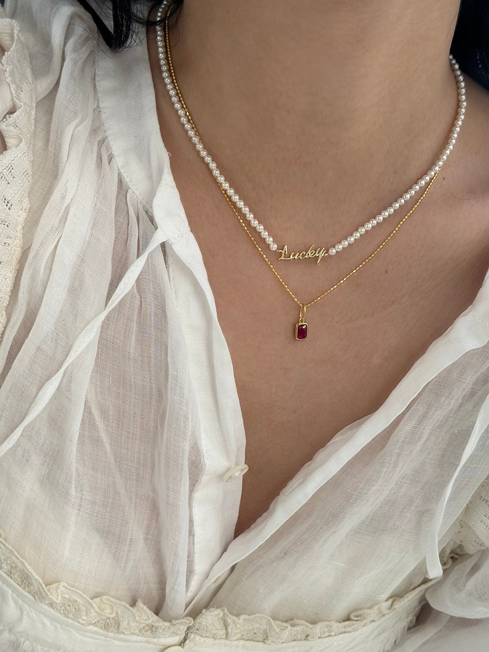 Rainbow Zirconia Sweet and Cool Pearl Necklace with Letter and Geometric Silver Pendants DIY Layered Choker  Description: