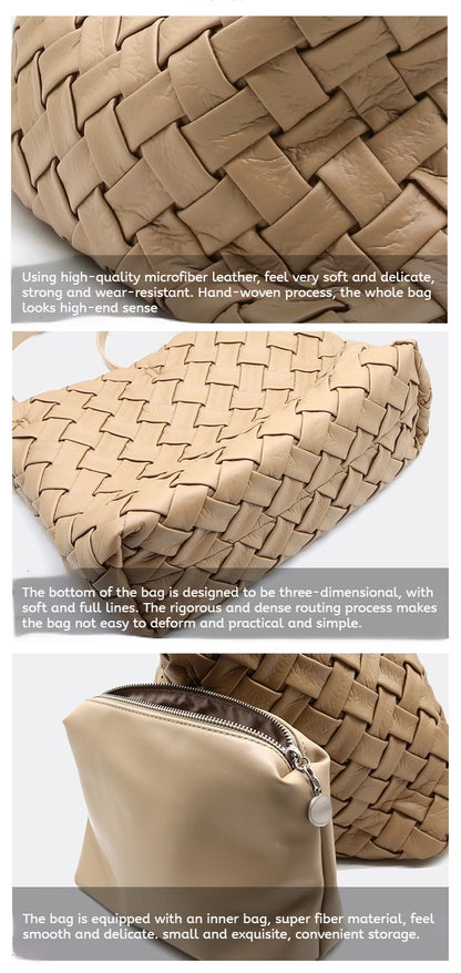 Soft Leather Woven Tote, Large Capacity Hobo Bucket Bag, Premium Satchel with Child Bag