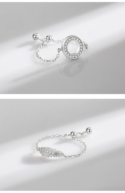 Sterling Silver Ring with Chain Design, Zirconia Inlay, Adjustable Size, Different Choice with Crystals for Women and Girls