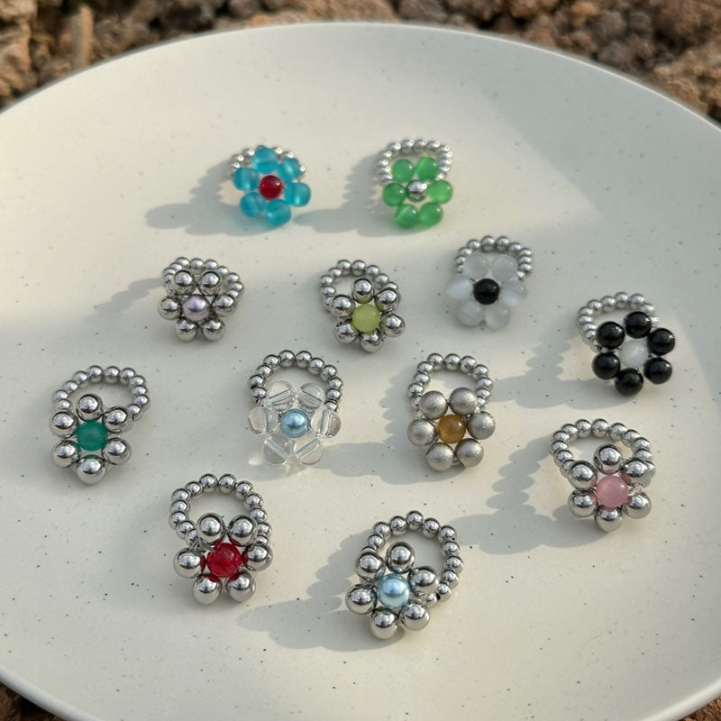 Handmade Beaded Flower Rings Cute Vintage Titanium Steel Bead Jade Finger Rings for Women Jewelry