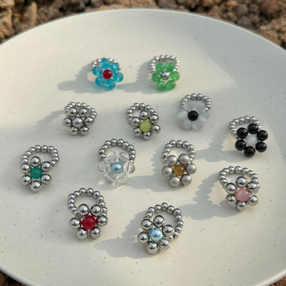 Handmade Beaded Flower Rings Cute Vintage Titanium Steel Bead Jade Finger Rings for Women Jewelry
