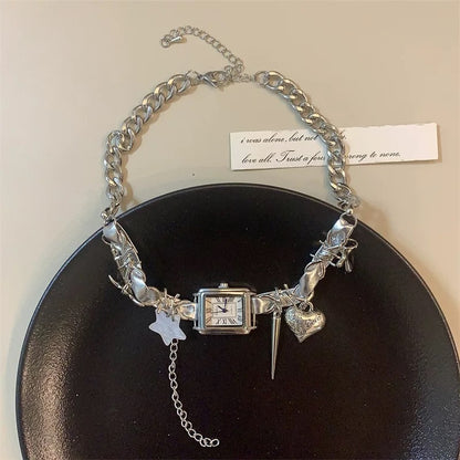 Cyberpunk Silver Watch Star Charm Leather Choker Necklace