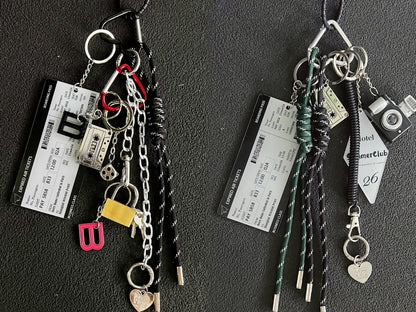 Y2K maximalist bag charm, camera, cassette woven rope keychain