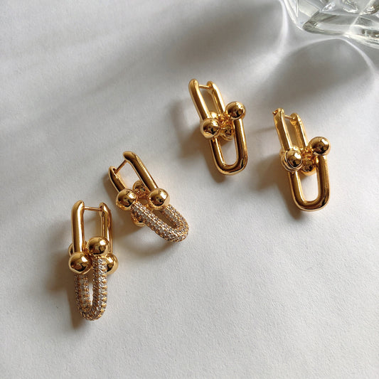 18K Gold-Plated Brass Earrings, Sparkling U-Shape Bamboo Chain, Clip-on Hoop