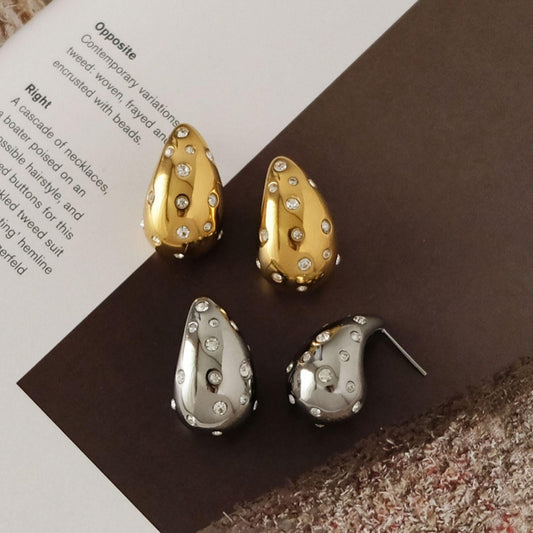 Unique Large Drop Dangle Earrings, Hand-Set Zirconia, 18K Gold-Plated 316L Stainless Steel
