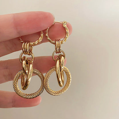 French Style Metal Thread Earrings, Minimalist Circle Pendant, Hypoallergenic Gold-Plated