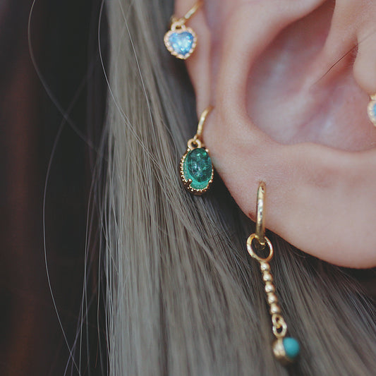 Sparkling Blue Ocean Earrings, Mini Heart Studs, Fashionable Glass Ear Cuff for Women