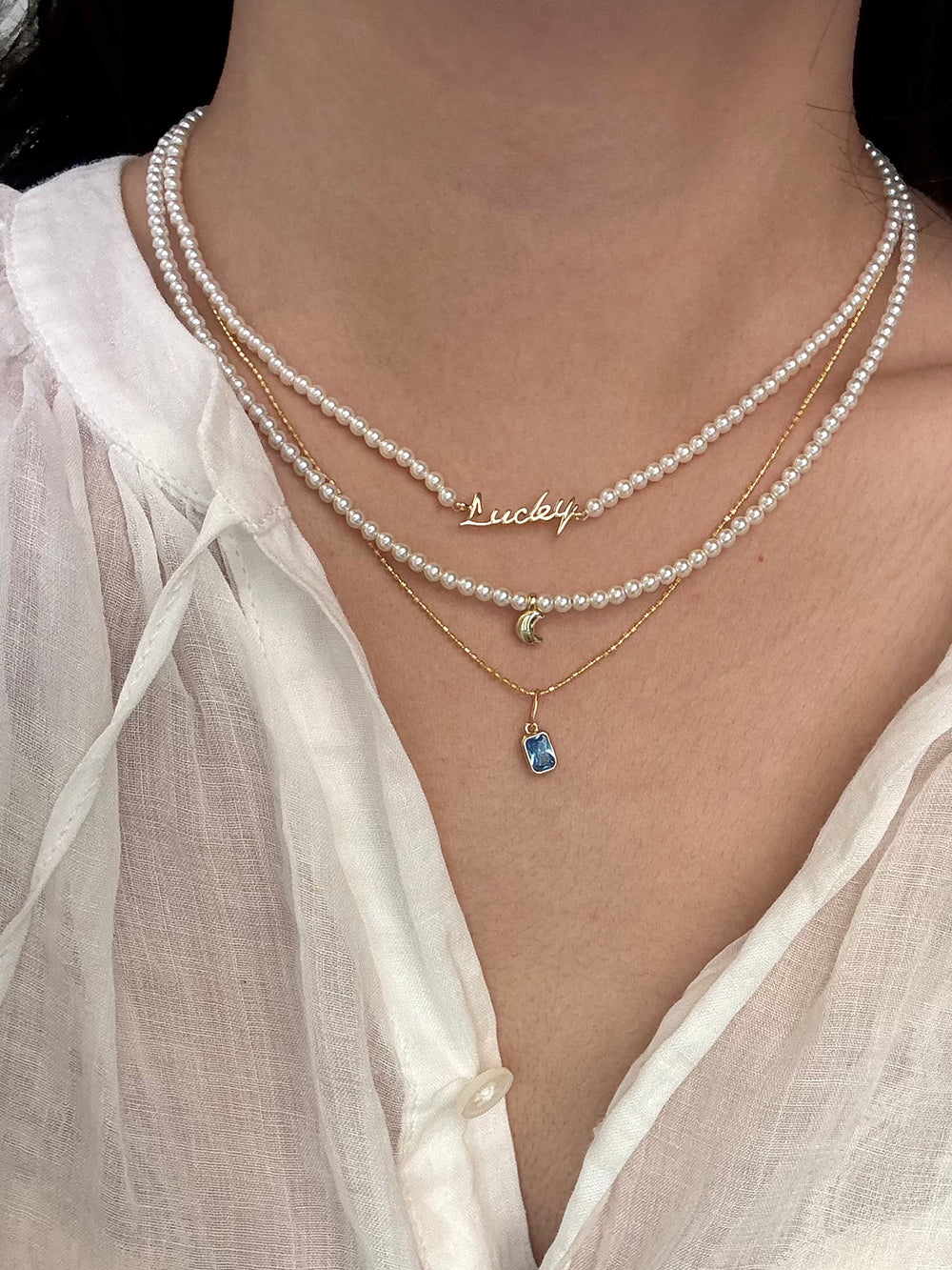 Rainbow Zirconia Sweet and Cool Pearl Necklace with Letter and Geometric Silver Pendants DIY Layered Choker  Description: