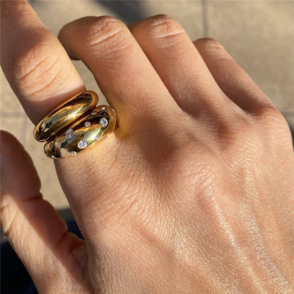 Gold-Plated Brass Open Ring, Crystal Pave, Circular Arc Design, Adjustable One Size