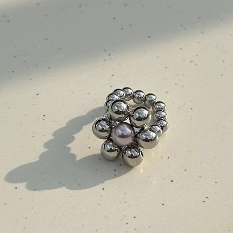 Handmade Beaded Flower Rings Cute Vintage Titanium Steel Bead Jade Finger Rings for Women Jewelry