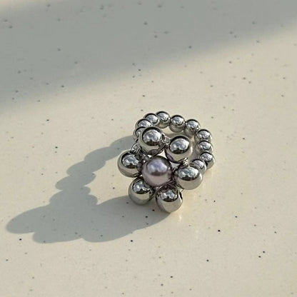 Handmade Beaded Flower Rings Cute Vintage Titanium Steel Bead Jade Finger Rings for Women Jewelry