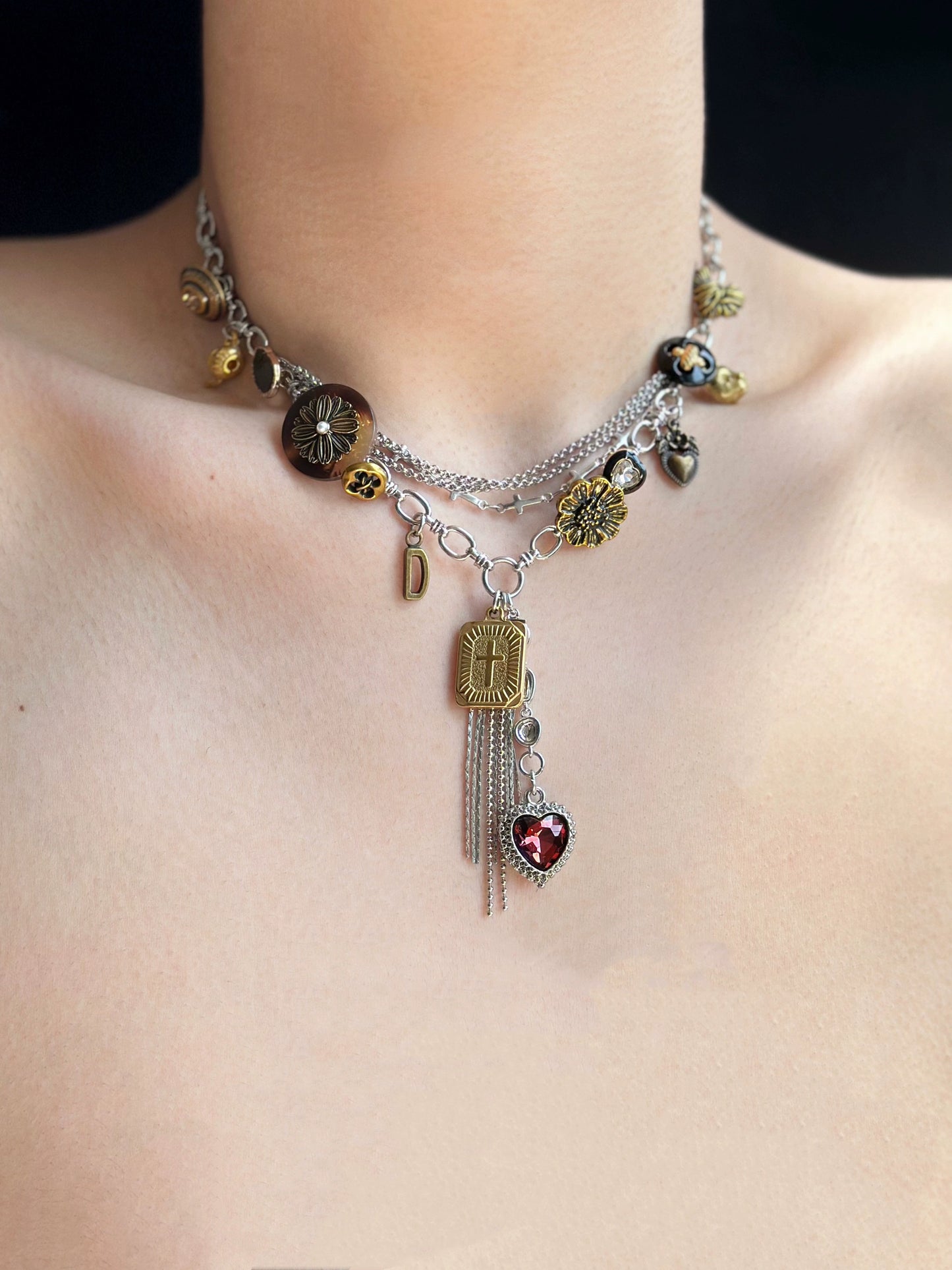 Vintage punk cross heart tassel pendant layered necklace