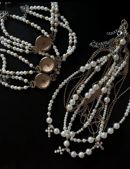 Elegant vintage watch pendant pearl choker, cross-pearl layered necklace