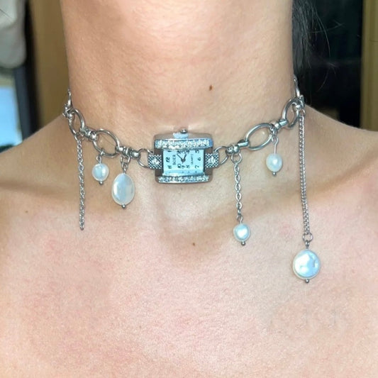 Hand Made Vintage Elegant Silver Watch Choker Necklace，Fringe Freshwater Pearl  Pendant，Chunky Chain necklace，Y2K Niche Choker，Gift for her