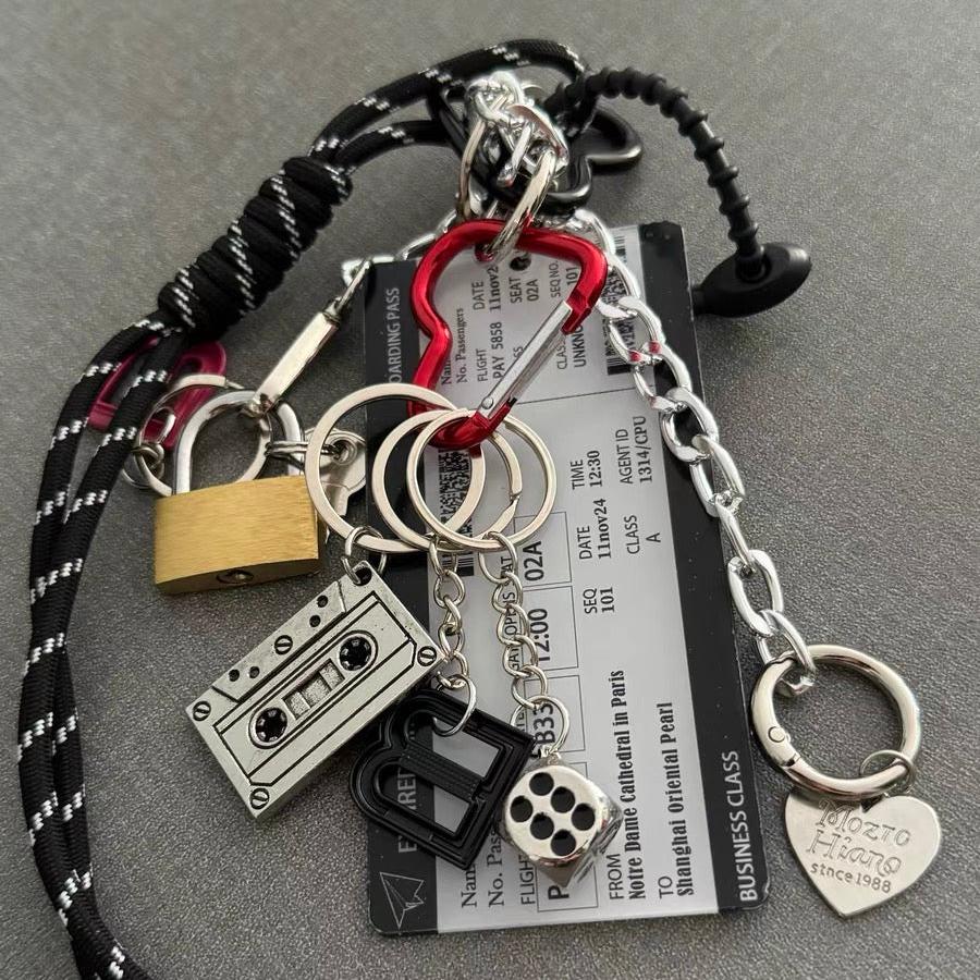 Y2K maximalist bag charm, camera, cassette woven rope keychain