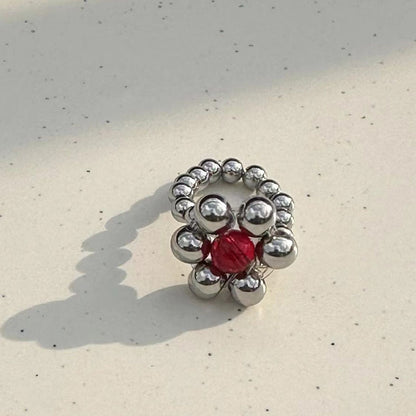 Handmade Beaded Flower Rings Cute Vintage Titanium Steel Bead Jade Finger Rings for Women Jewelry