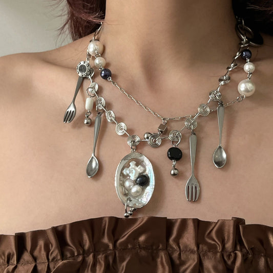 Handmade Baroque Shell Punk Fork and Spoon Necklace