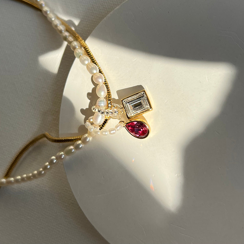 Multicolor Crystal and Natural Pearl DIY Layered Necklace with Titanium Steel Chain