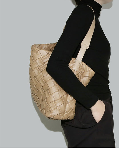 Soft Leather Woven Tote, Large Capacity Hobo Bucket Bag, Premium Satchel with Child Bag