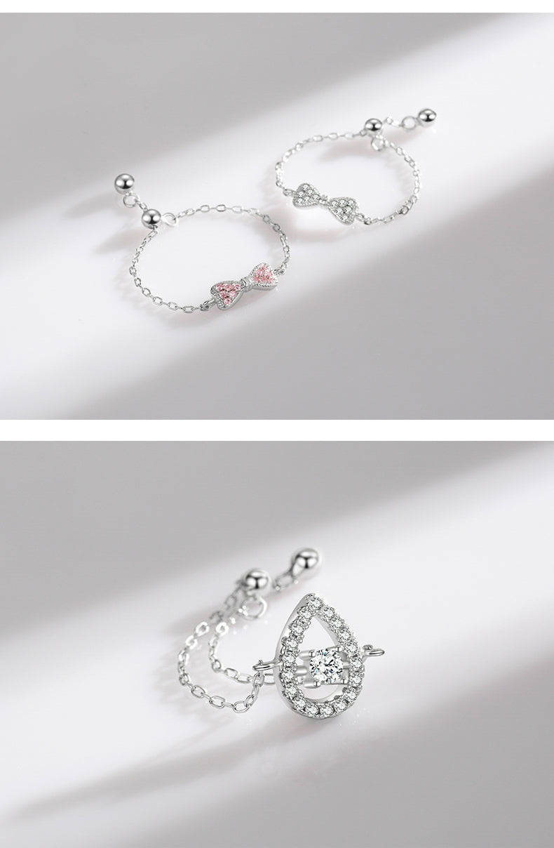 Sterling Silver Ring with Chain Design, Zirconia Inlay, Adjustable Size, Different Choice with Crystals for Women and Girls