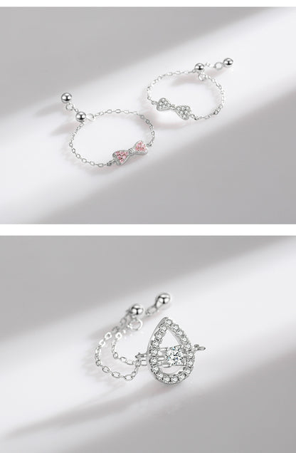 Sterling Silver Ring with Chain Design, Zirconia Inlay, Adjustable Size, Different Choice with Crystals for Women and Girls