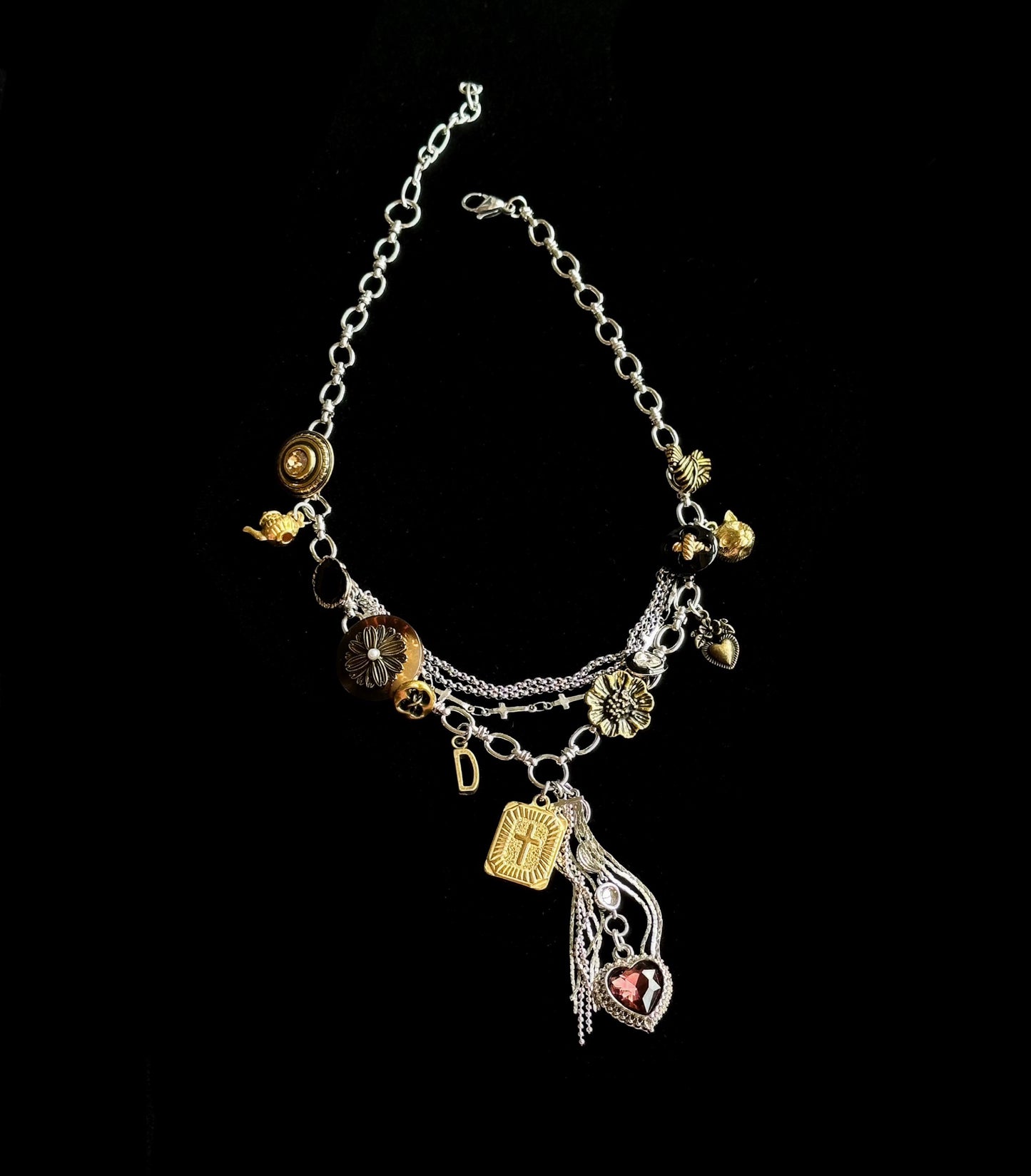 Vintage punk cross heart tassel pendant layered necklace