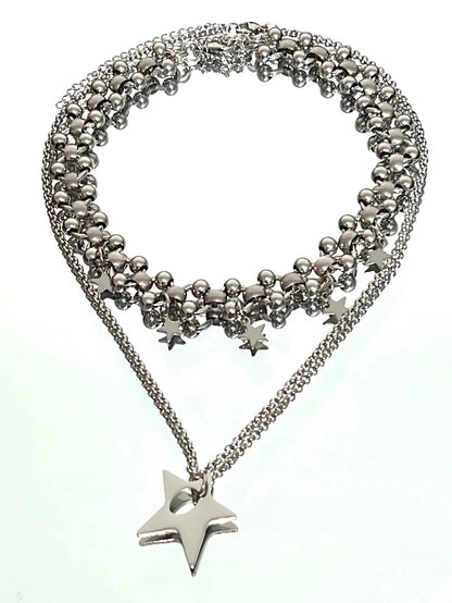 Cyberpunk style star necklace, silver layered necklace, thick chain，y2k