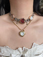 Vintage Red Heart Watch Choker Necklace, Red Cross Layered Necklace