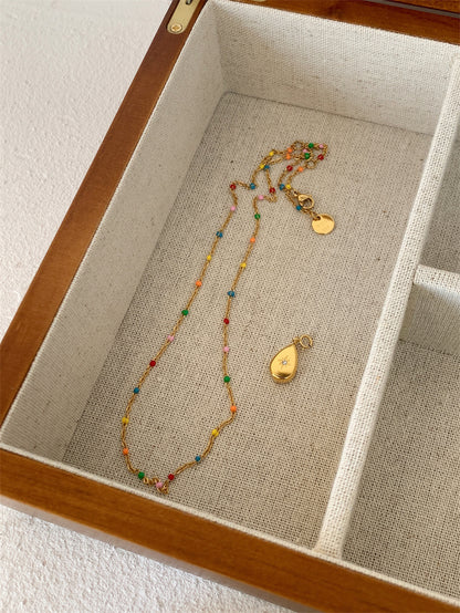 Detachable Vintage Rainbow Bead Necklace with Heart and Angel Charms