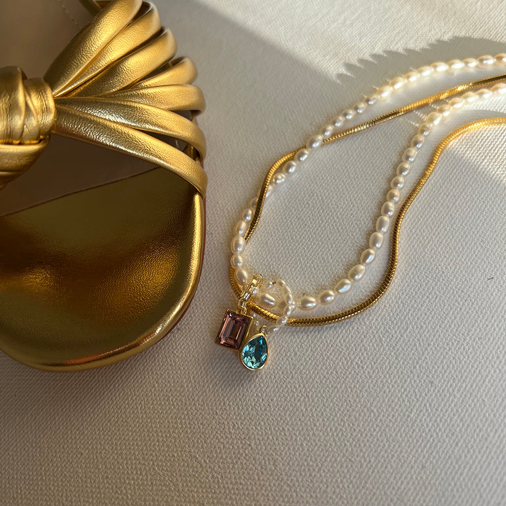 Multicolor Crystal and Natural Pearl DIY Layered Necklace with Titanium Steel Chain