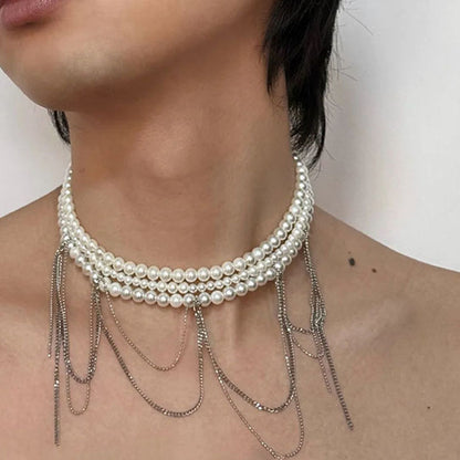 Sexy Pearl Tassels Choker Necklaces Jewelry Necklace for Women Girls Vintage Tassel Chain Three-layer Pearl Choker Collar ﻿