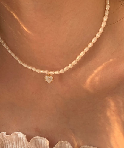 Heart-Shaped Mother of Pearl Pendant with Diamond, 18K Gold Heart diamond Pendant , Natural Pearl Necklace, Adjustable Chain