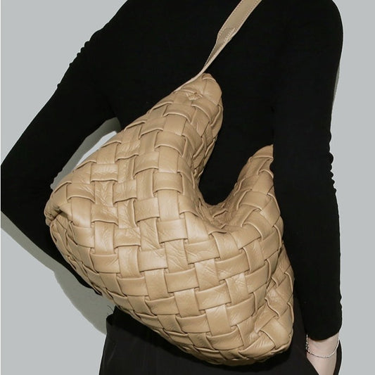 Soft Leather Woven Tote, Large Capacity Hobo Bucket Bag, Premium Satchel with Child Bag