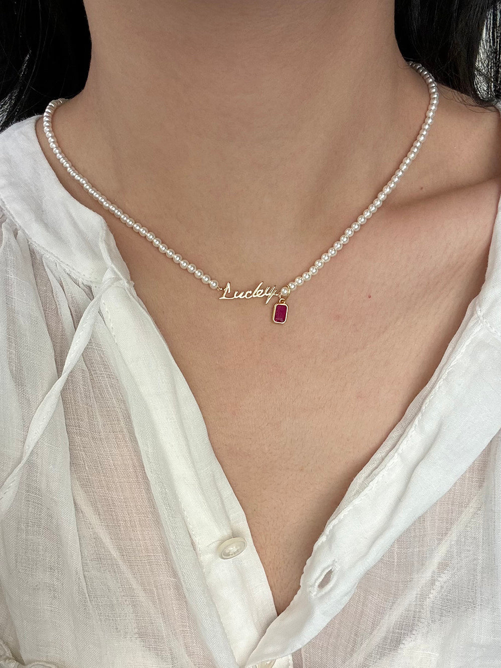 Rainbow Zirconia Sweet and Cool Pearl Necklace with Letter and Geometric Silver Pendants DIY Layered Choker  Description:
