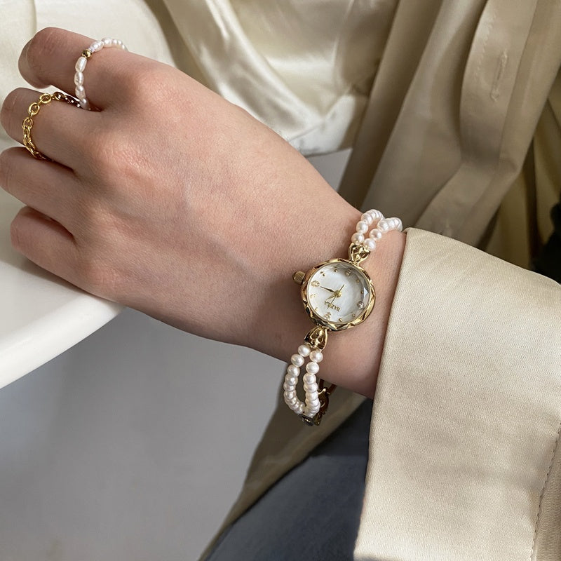 Vintage Pearl Chain Watch, Natural Pearls, Mother-of-Pearl Dial, Retro Quartz Watch for Women