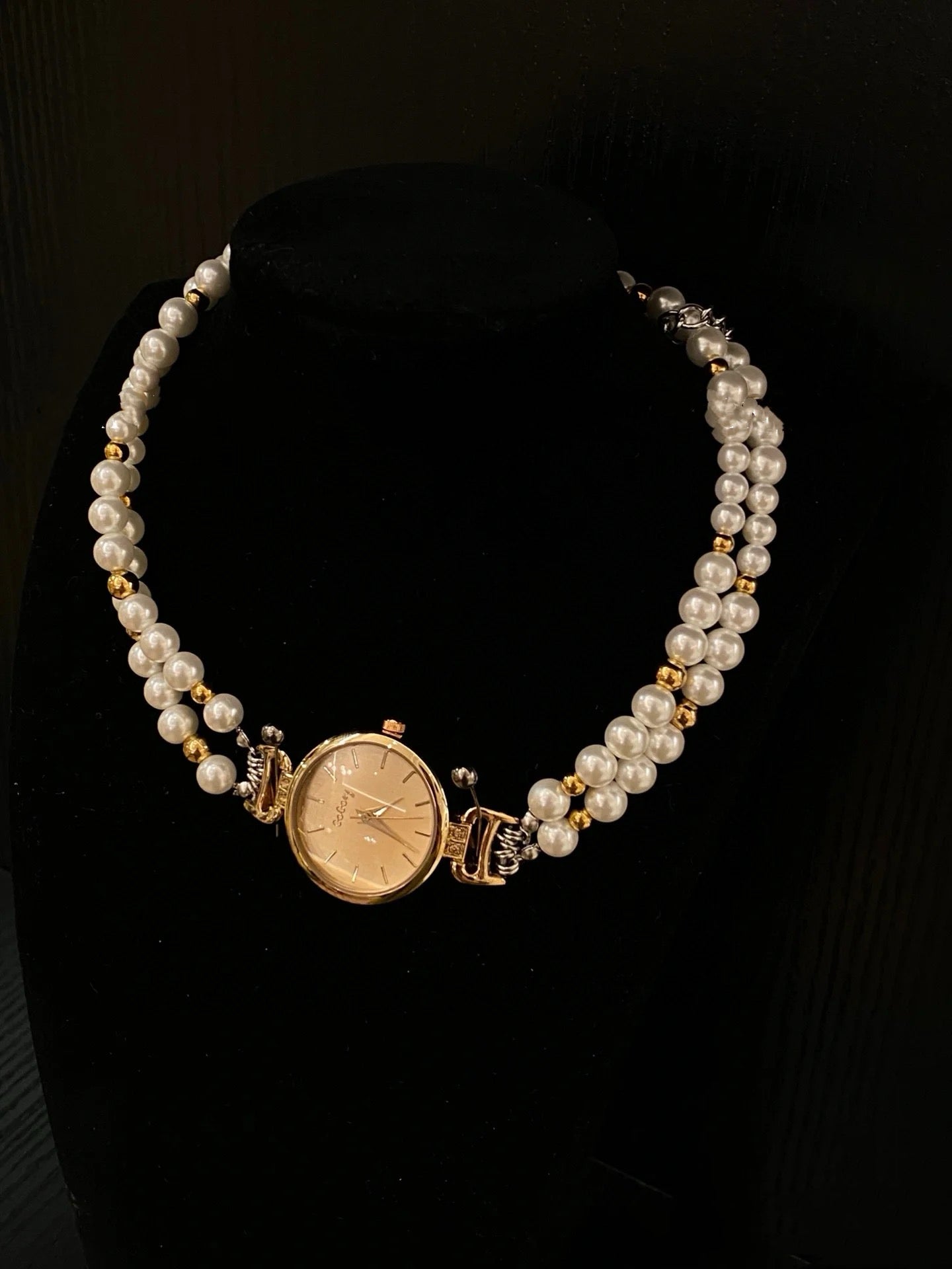 Elegant vintage watch pendant pearl choker, cross-pearl layered necklace