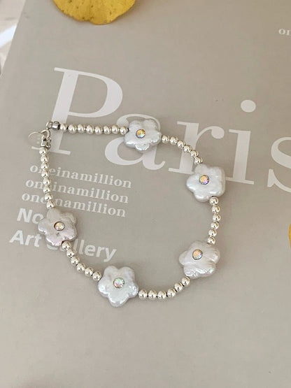 Floral Diamond Sterling Silver Baroque Natural Freshwater Pearl, Adjustable Chain