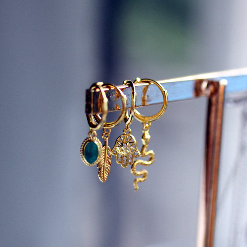 Bohemian Feather Ear Cuff, Vintage Stackable Snake Ear Cuff, Round Hoop Earrings, Minimalist 925 Silver