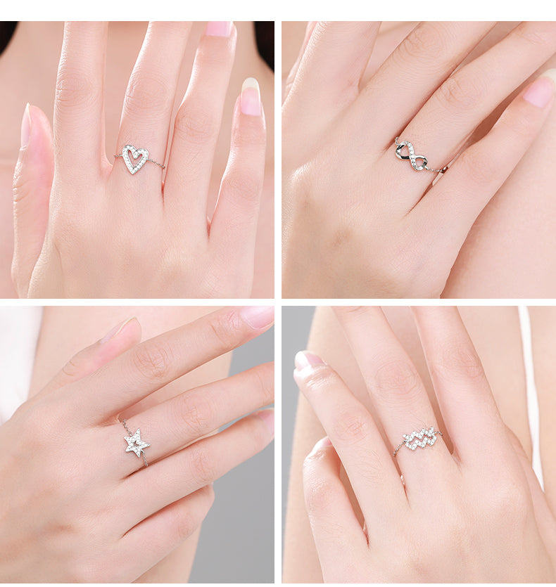 Sterling Silver Ring with Chain Design, Zirconia Inlay, Adjustable Size, Different Choice with Crystals for Women and Girls