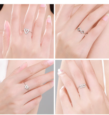 Sterling Silver Ring with Chain Design, Zirconia Inlay, Adjustable Size, Different Choice with Crystals for Women and Girls