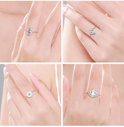 Sterling Silver Ring with Chain Design, Zirconia Inlay, Adjustable Size, Different Choice with Crystals for Women and Girls