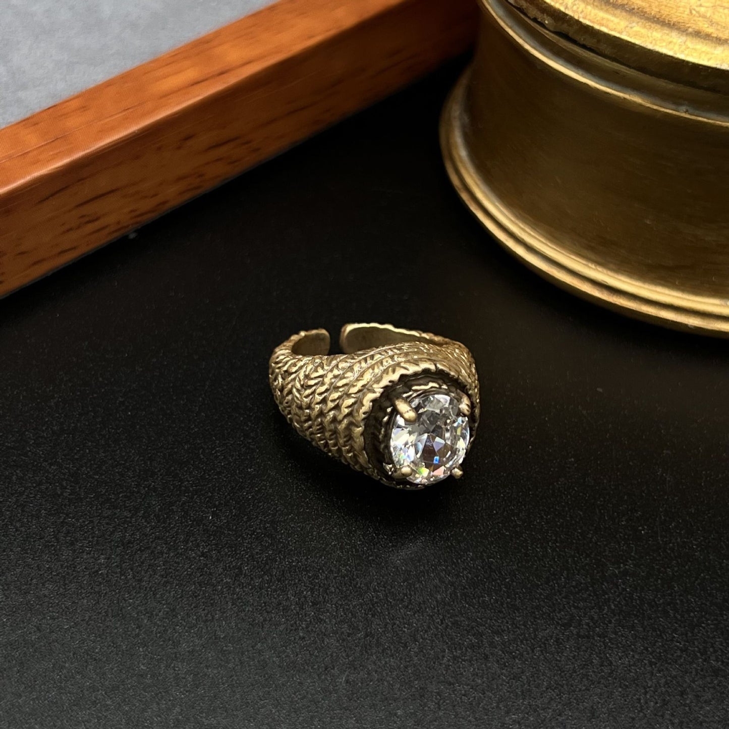 Oval Pure Copper Adjustable Ring, Genuine Gold Plated, Stylish and Artistic