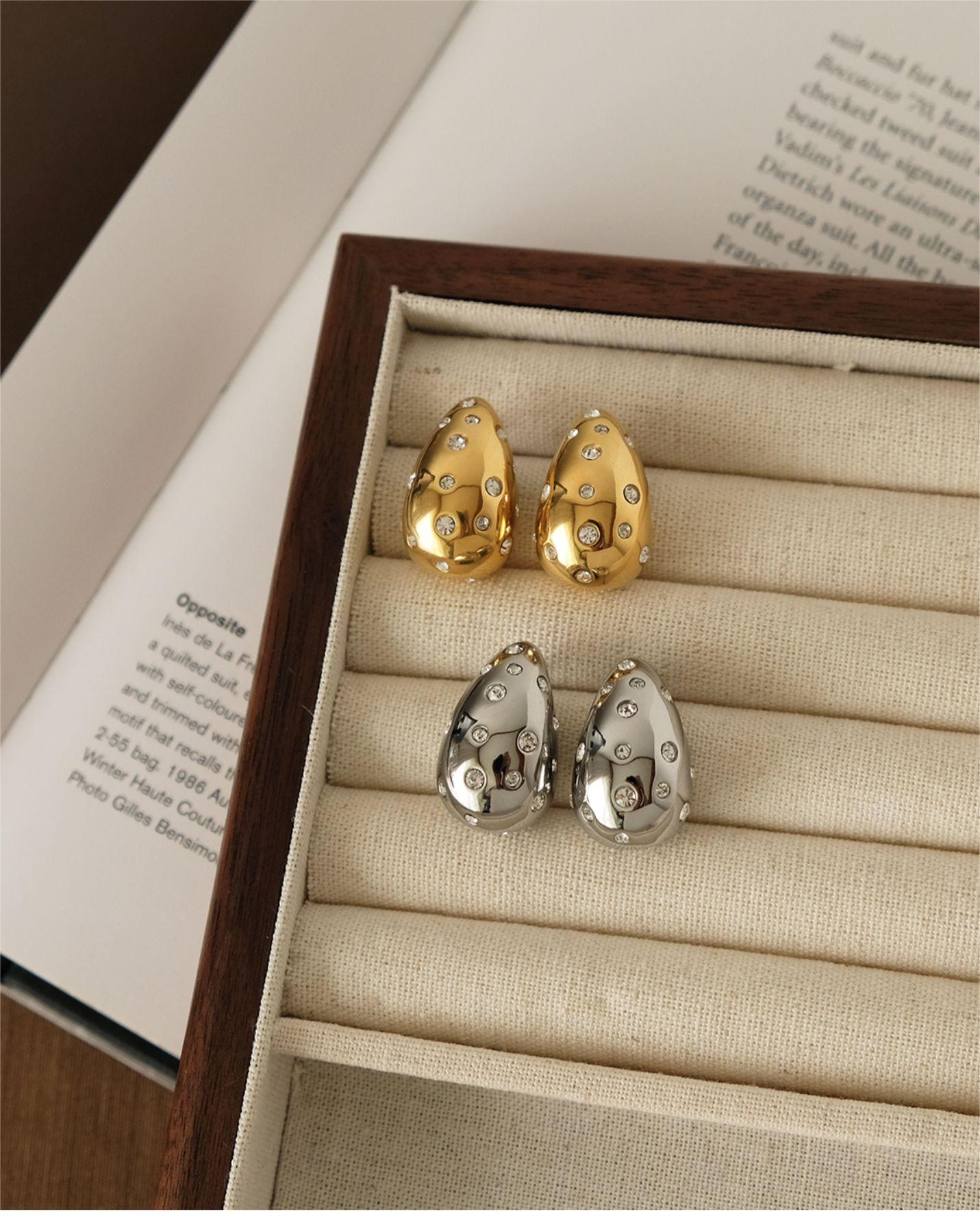 Unique Large Drop Dangle Earrings, Hand-Set Zirconia, 18K Gold-Plated 316L Stainless Steel