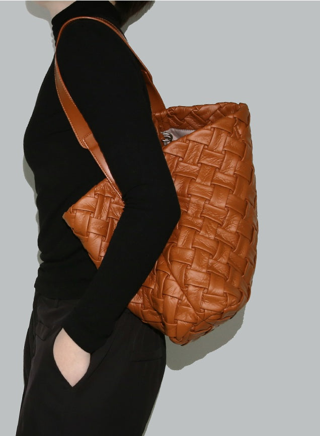 Soft Leather Woven Tote, Large Capacity Hobo Bucket Bag, Premium Satchel with Child Bag
