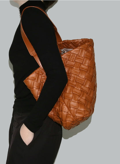 Soft Leather Woven Tote, Large Capacity Hobo Bucket Bag, Premium Satchel with Child Bag